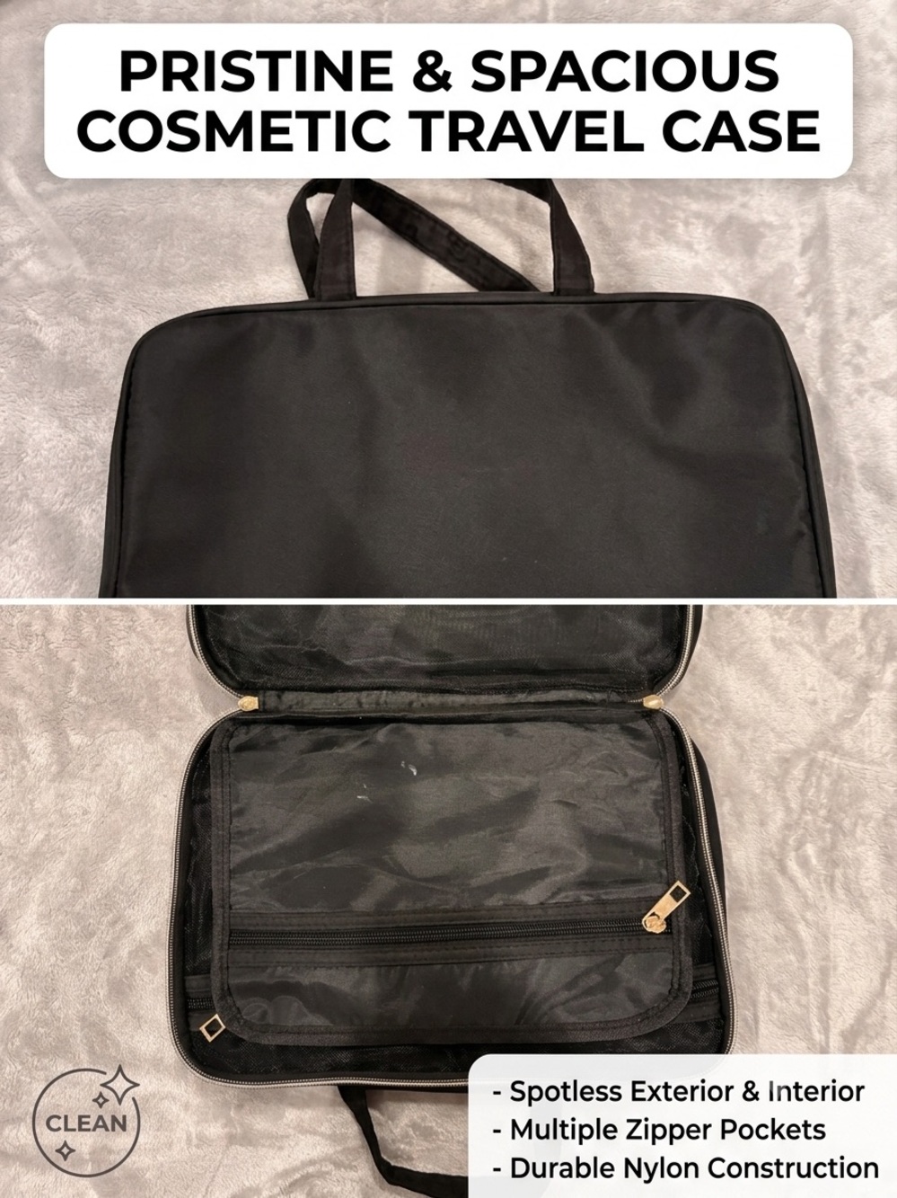 Hanging Black Travel Cosmetic Case - Compact Carry Bag compartments black zip